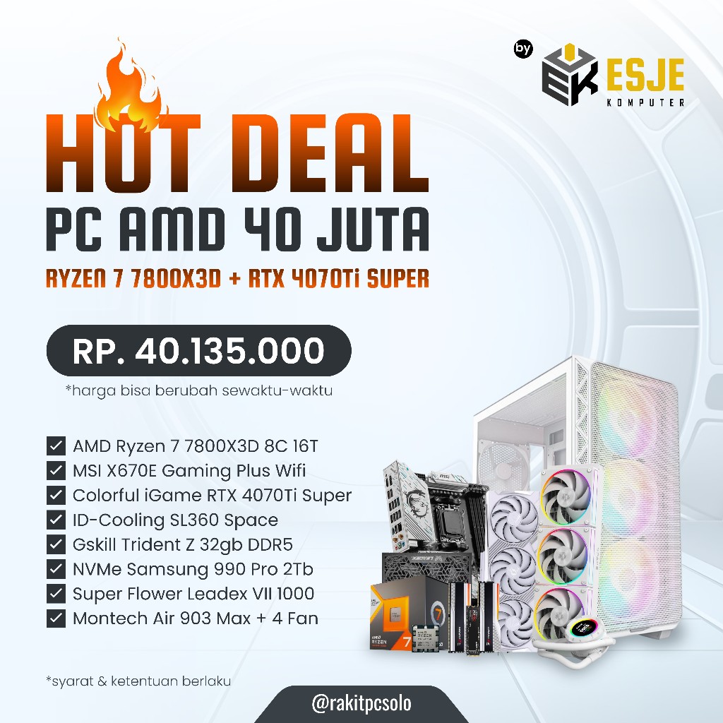 PC Gaming AMD Ryzen 7 7800X3D RTX 4070Ti Super RAM 32gb DDR5 Siap Pakai - PC Saja