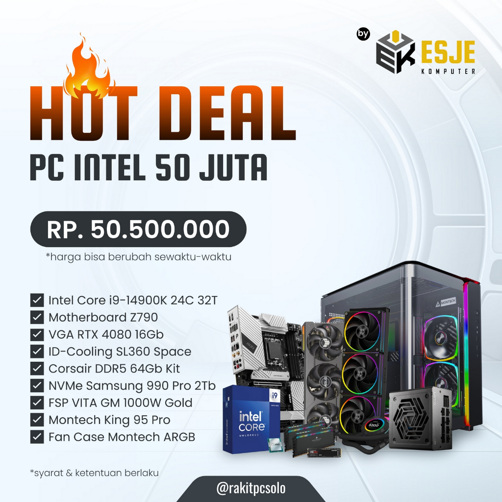 PC Gaming Intel Core i9-14900K RTX 4080 16Gb RAM 64Gb DDR5 Siap Pakai - PC Saja