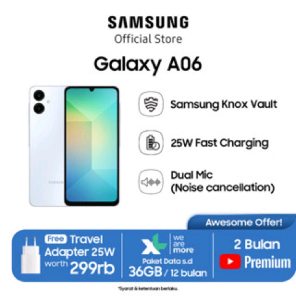 BIG OFFER Samsung Galaxy A06 FREE Travel adapter 25W , FREE youtube Premium 2 Bulan, FREE Paket Data