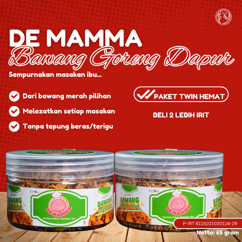 

Bawang Goreng Dapur DE MAMMA tanpa tepung beras/terigu. Tanpa pahit dan anyep. Paket Twin Hemat