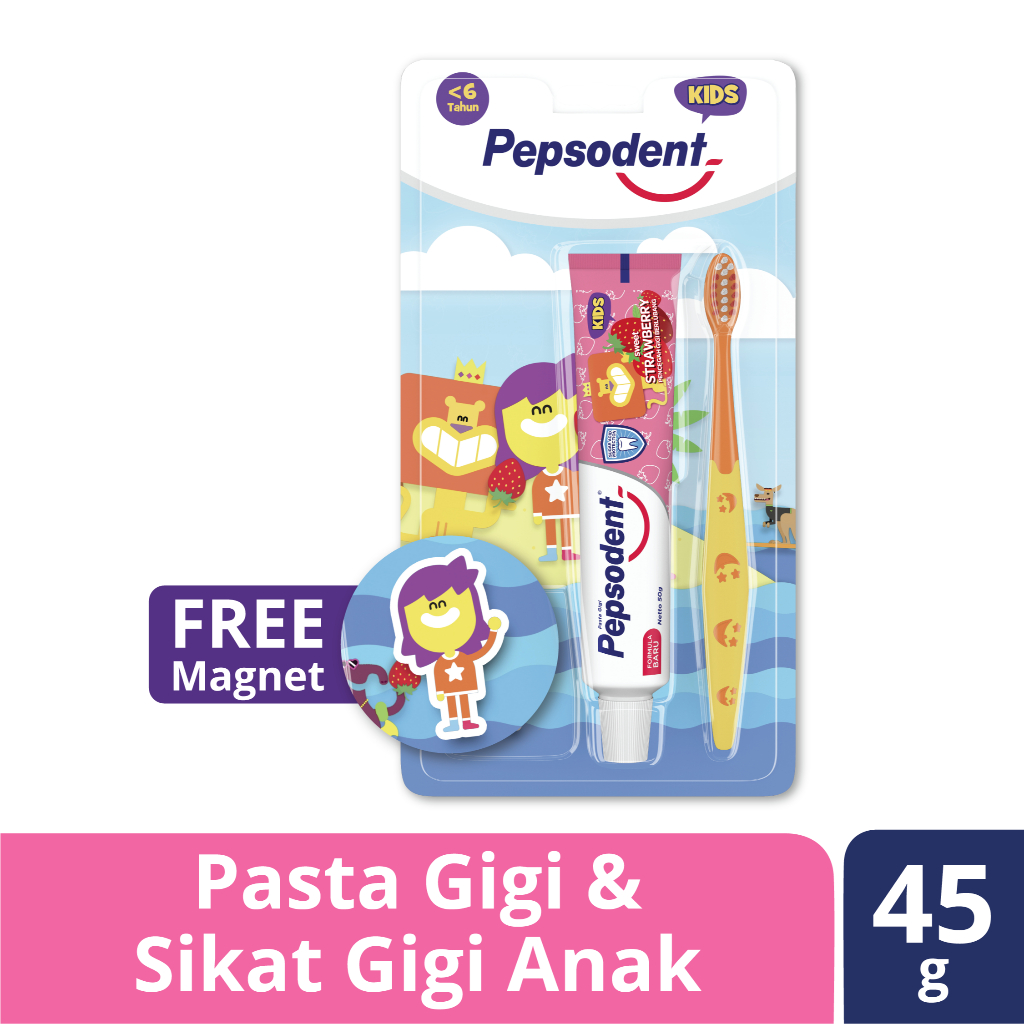 Pepsodent Kids Pasta Gigi Strawberry 45gr + Sikat Gigi Anak dengan mainan/set sikat gigi dan pasta g