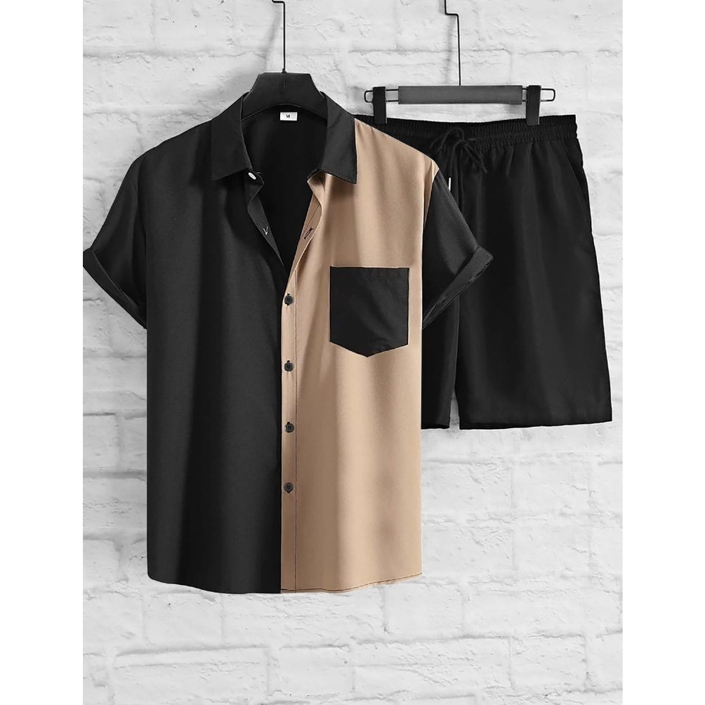 KODE V75Z Setelan Kemeja Dan Celana Pendek Pria Kombinasi Two Tone Pocket