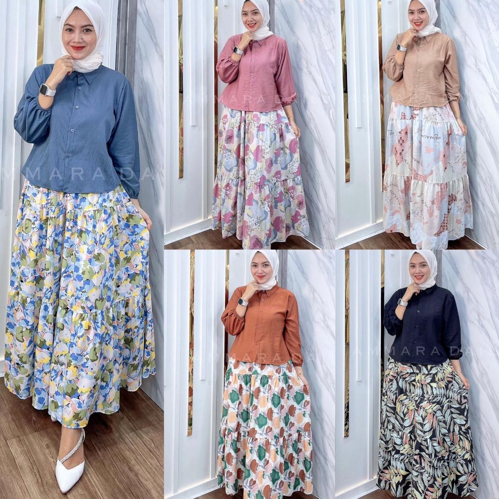 Oneset Rok SAFARA by AMMARA Setelan Rok Rayon Mix Pololinen Atasan Rok Setelan Warna Kekinian