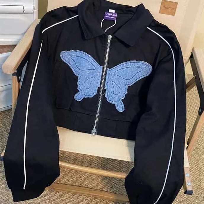 Butterfly Crop Jaket Wanita Kekinian Korean Style Jacket Fashion Outfit Ootd Cewek Remaja