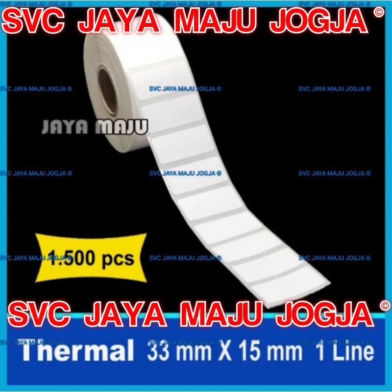 

KASIR LABEL BARCODE 33 X 15 MM KERTAS STICKER LABEL 1 BARIS 1500 PCS JAYA MAJU JOGJA || LABEL BARCODE DIRECT THERMAL TANPA RIBBON || 33 X 15 THERMAL TOP COAT - 1 LINE - FACE OUT - ISI 1.500 PCS || 33X15 GUDANG SUPERMARKET SWALAYAN TOKO