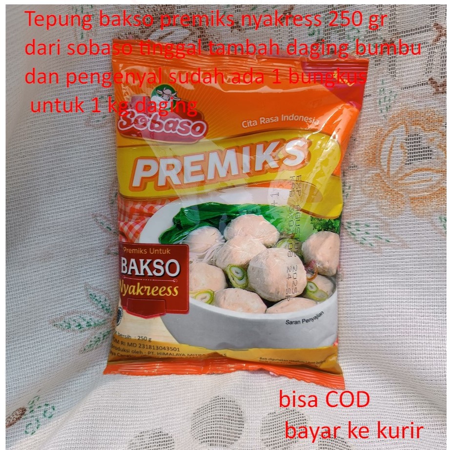 

Tepung bakso premiks nyakress 250 gr dari sobaso tinggal tambah daging bumbu dan pengenyal sudah ada 1 bungkus untuk 1 kg daging