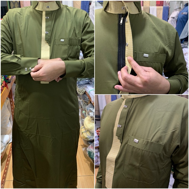 Baju Gamis Katun Saudi Pria Dewasa Motif Terbaru Tampilan Depan Resleting Lengan Panjang Manset ~ Ba