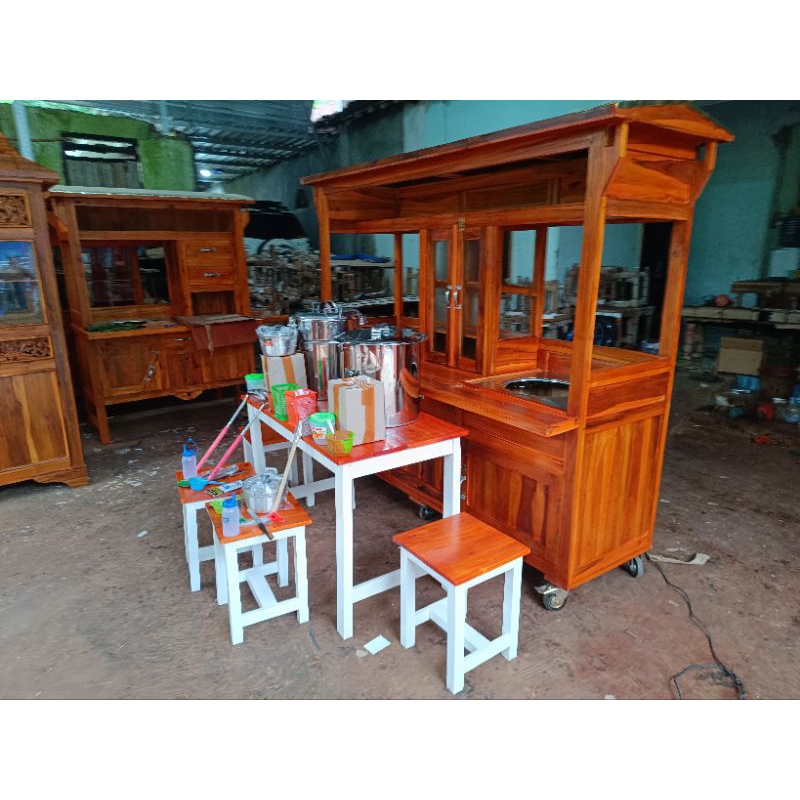 GEROBAK MIE AYAM BAKSO KOMPLIT DAN SATU SET MEJA KURSI KAYU MAHONI