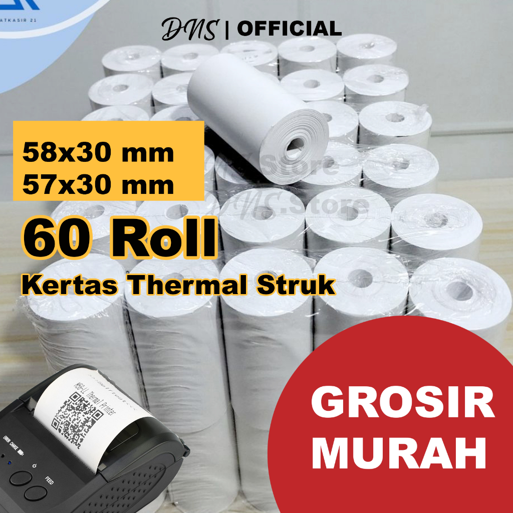 

(Paket Usaha Murah) 60 PCS KERTAS THERMAL KASIR STRUK ROLL 58MM KUALITAS TEBAL 58X30 / 57X30 CORELESS TANPA TULANG LEBIH PANJANG TERMAL EDC ROLL STRUK