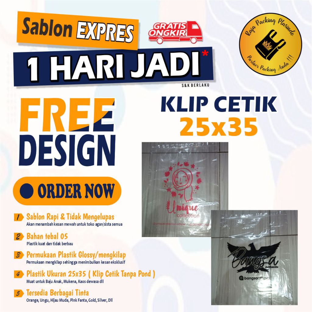 Sablon Plastik Klip Cetik 25x35 free desain / plastik cetik / Plastik Packing kaos / Plastik sablon