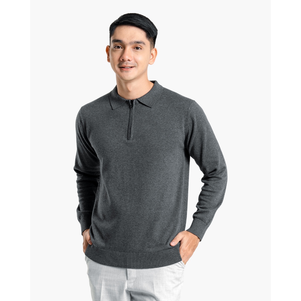 Gomuda Sweater Rajut Pria Polo Zip Neck Long Sleeve Knitwear - Grey