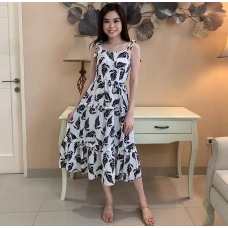 Leafy Tie Shoulder Midi Dress - Baju dress midi