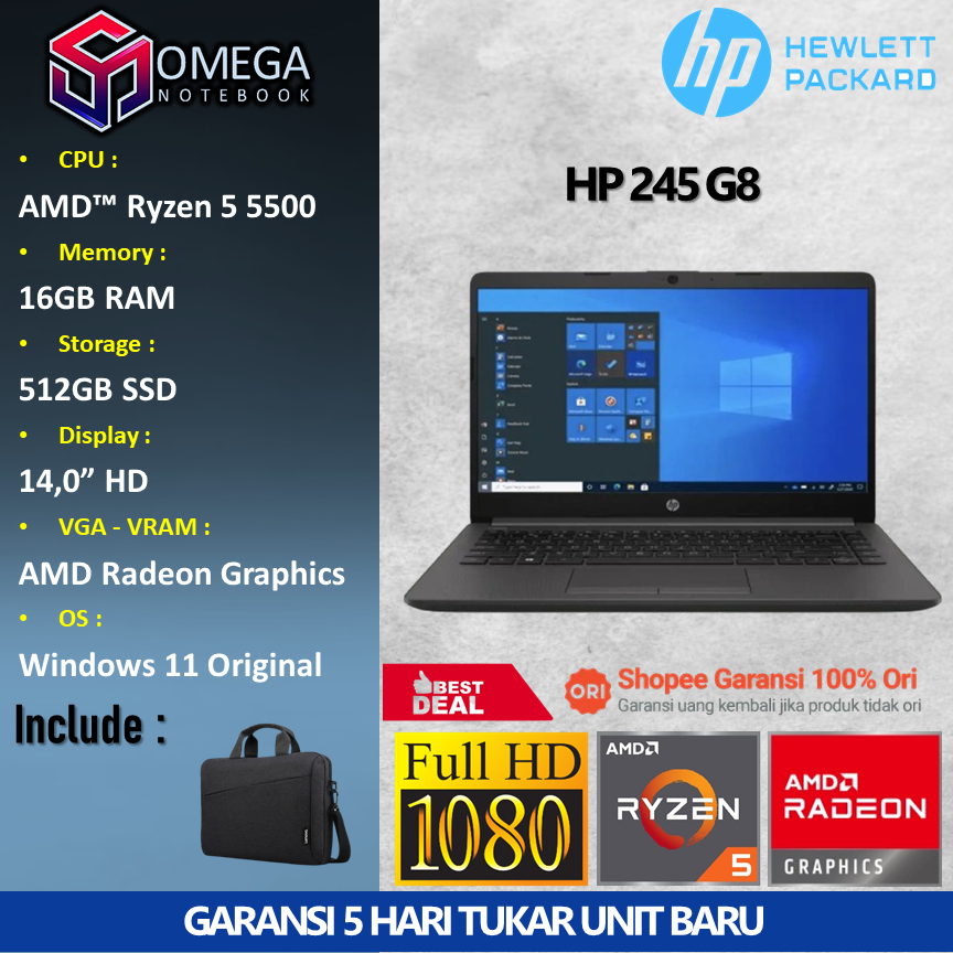 Laptop HP 14 245 G8 AMD Ryzen 5 5500 16GB 512SSD Radeon Graphics 14.0" HD Windows 11