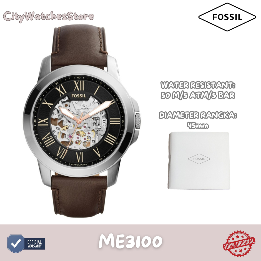 Jam Tangan Pria Automatic Fossil ME3100 Grant Black Skeleton Dial Brown Leather Strap Watch