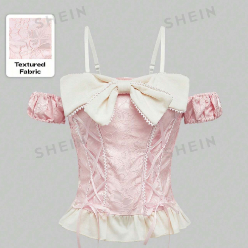 ROMWE Kawaii Palace Style Cute Puff Sleeve Women Blouse Baju Cosplay Pink Anime
