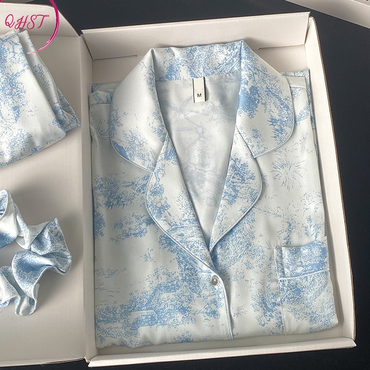 HJ6 QHST Piyama Wanita Set Satin Lukisan Tinta Biru Pola Wanita Import  Baju Tidur Wanita Dewasa  Pa