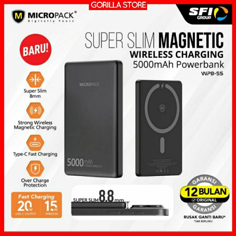 Micropack Wireless Powerbank  5000mAh  Magsave Magnetic Wireless Type C PD Fast Charging WPB-5S