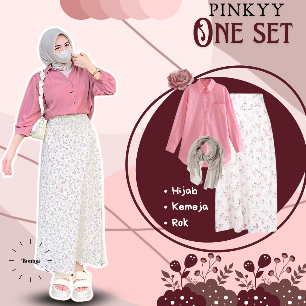 Pinkky One Set OOTD Kuliah gaya Selebgram terbaru ( Hijab + Kemeja + Rok Bunga ) - BY30