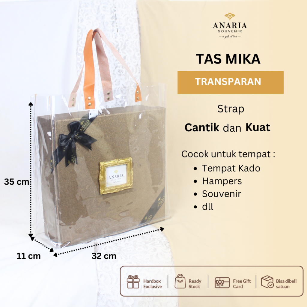 

Anaria Gift - Tas Goodie Bag Mika Packaging Souvenir dan Kado Transparan Ukuran 32x11x35 Untuk Hampers Kado