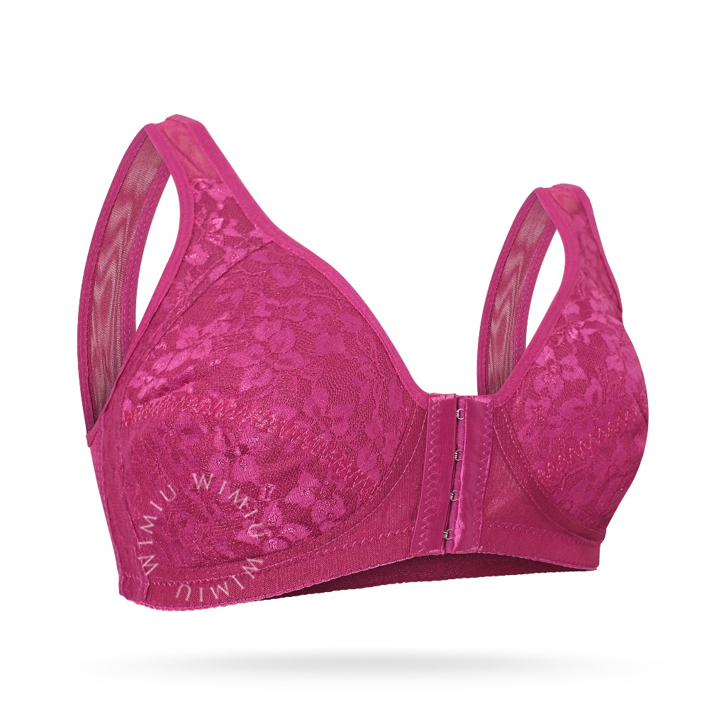 WIMIU BH Bra Wanita Kait Kancing Depan BH Tanpa Kawat Tanpa Busa Motif Bunga Brokat Wireless Bra 100