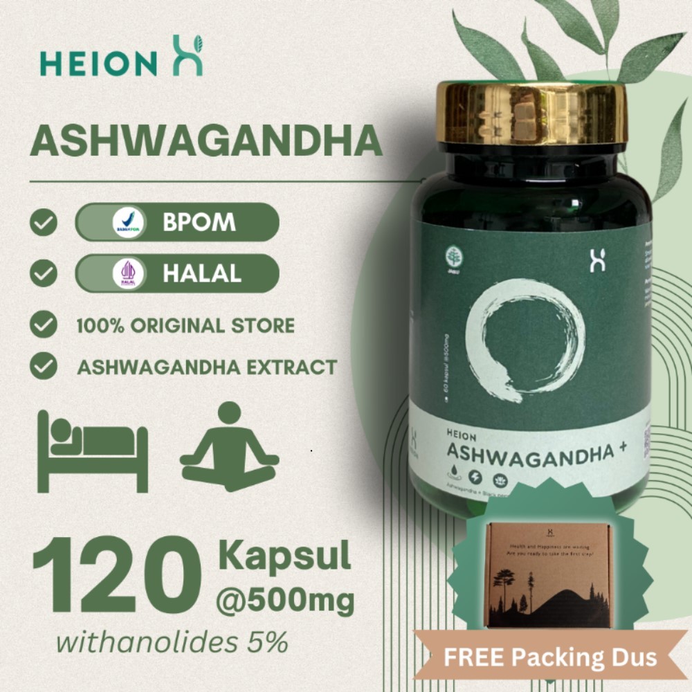 HEION Ashwaganda+ 120 kapsul SUPLEMENT KESEHATAN MAKANAN ASHWAGANDA EXTRACT @500mg BPOM