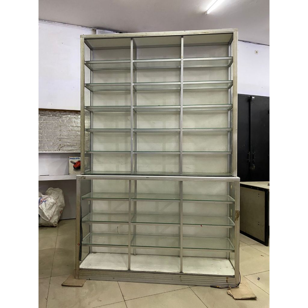 LEMARI TINGGI DISPLAY ETALASE KACA SUSUN PAJANGAN SECOND SEKEN BEKAS UK 155x40x240