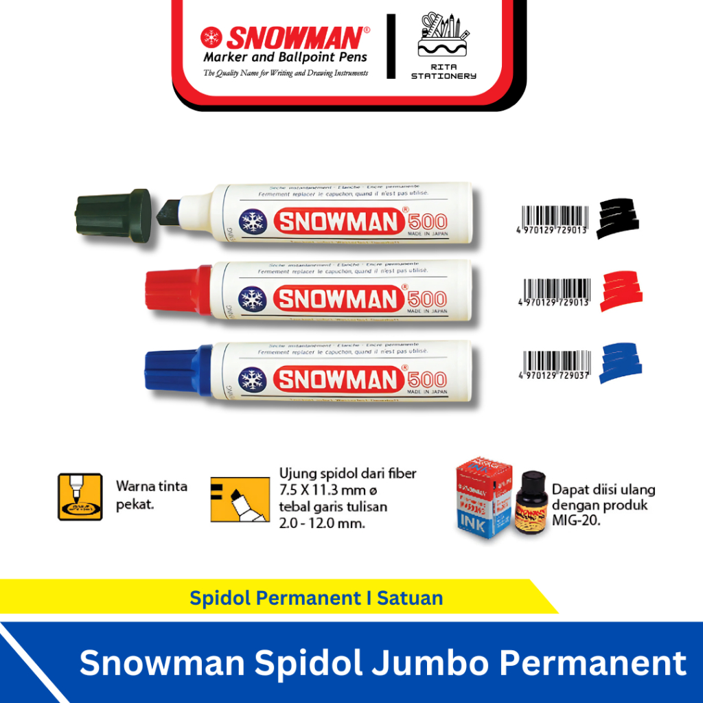 

Spidol Jumbo 500 Snowman Permanent Marker Tidak Bisa Dihapus Papan Tulis J - 500 SerbagunaI Hitam Merah Biru - Satuan