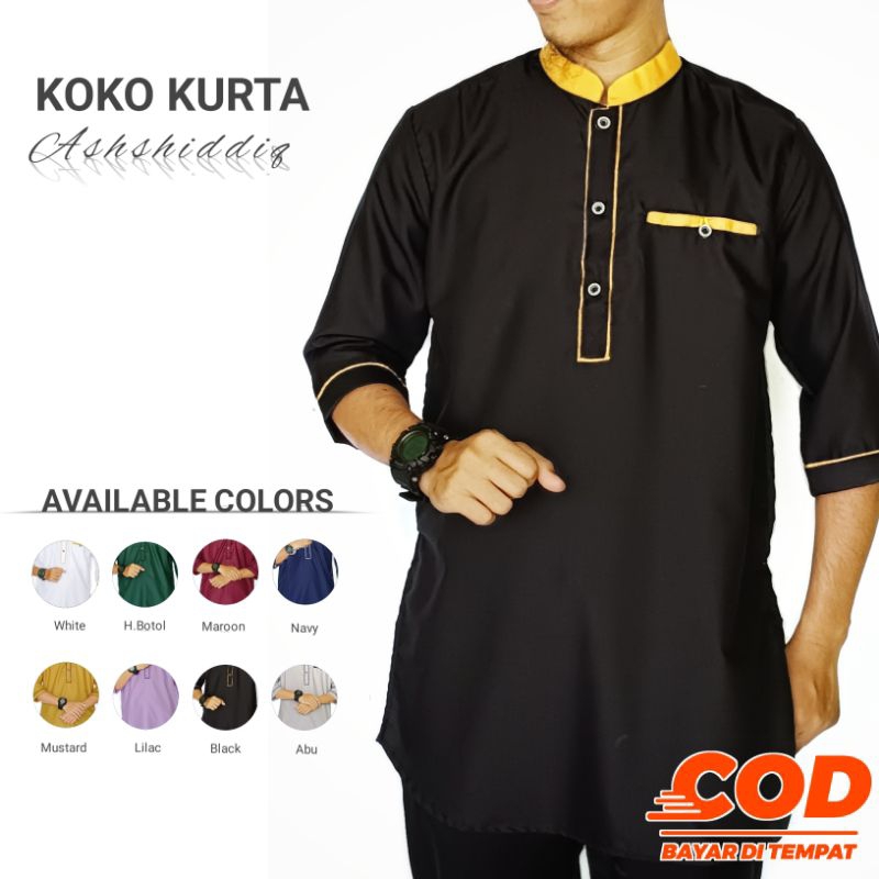 MURAH KOKO KURTA ASHSHIDDIQ - BAJU KOKO KURTA PRIA DEWASA LENGAN 3/4 WARNA MUSTARD PUTIH HIJAU BOTOL