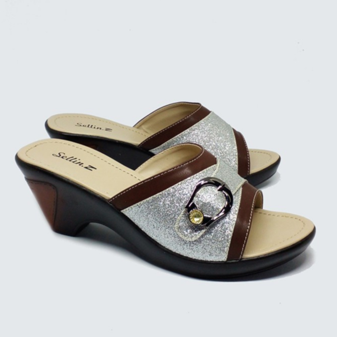 Sandal Wedges clog kondangan sandal wedges kulit Cokelat Silver Ori Zelline sendal ibu modis Hak 7cm