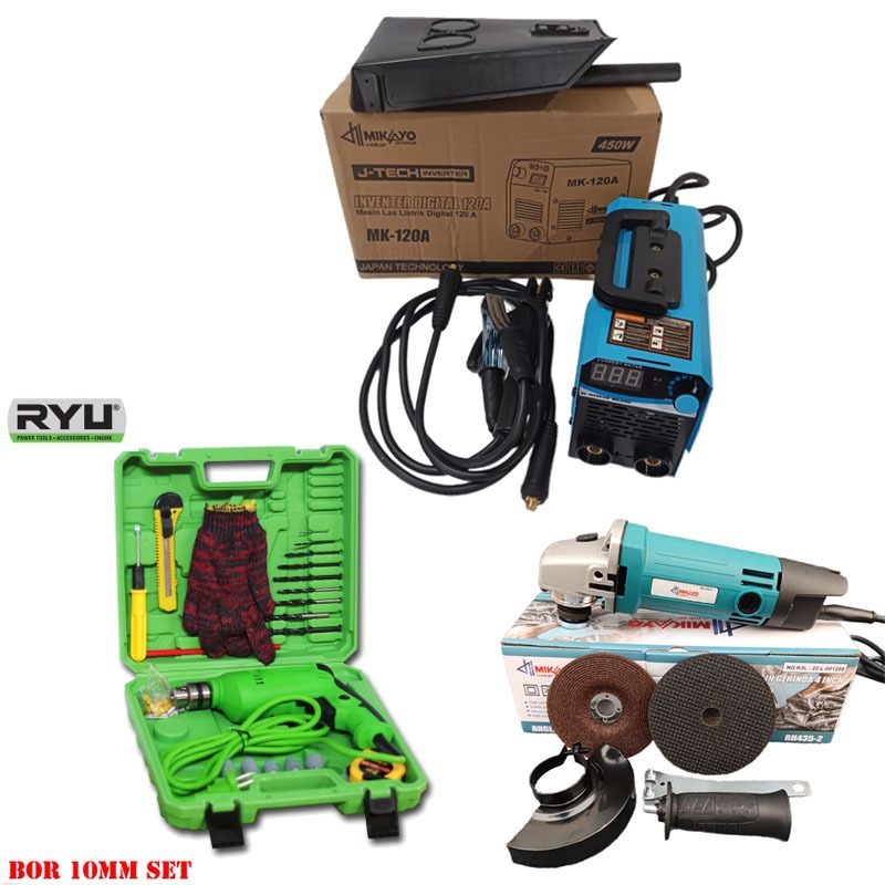 PAKET TUKANG LAS 3 ITEM - LOW WATT RYU MESIN LAS 120A 450W INVERTER+ MESIN GERINDA + MESIN BOR 10MM 