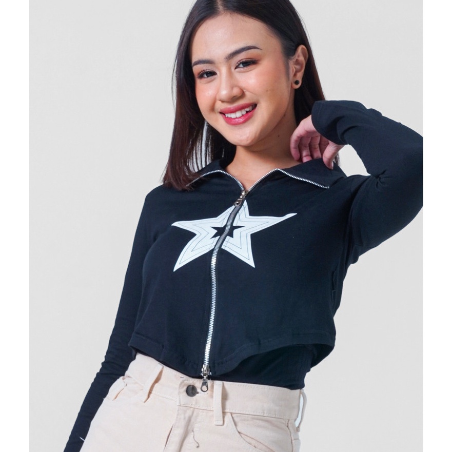 Diskon Stiego Star Ziper Crop Longsleeve Zip Top Jaket Wanita Resleting lengan Panjang