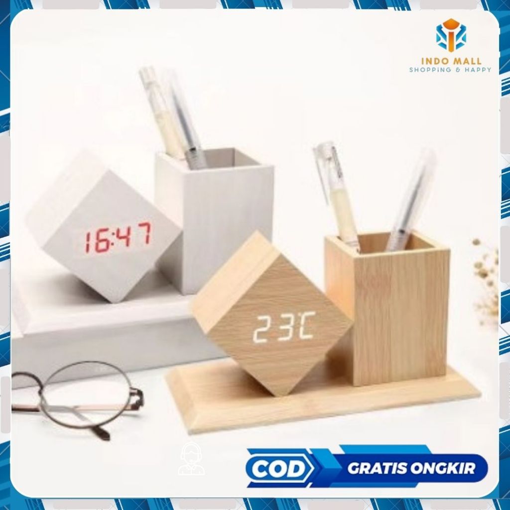 Jam Weker Alarm LED Digital Wood, Watch Meja Motif Kayu Tempat Pensil