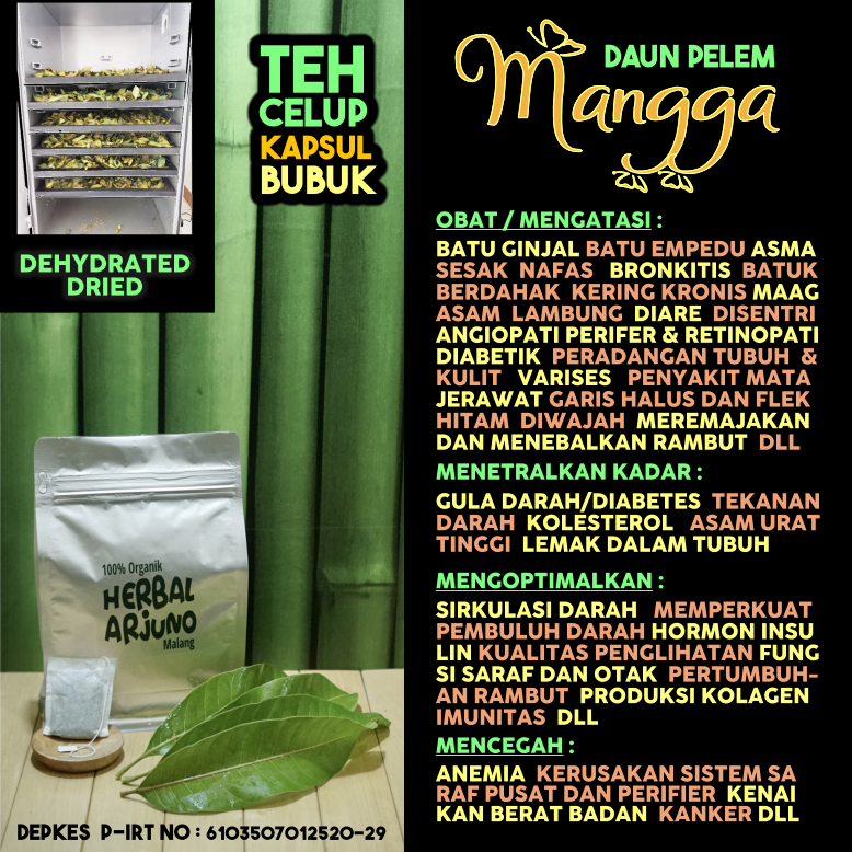 

Dehydrated Dried Teh Celup Kapsul Bubuk Daun Mangga Pelem Obat (Batu Ginjal Empedu) Angiopati Perifer Retinopati Diabetik Diabetes Maag Asam Lambung Asma Sesak Nafas Bronkitis Asam Urat Kolesterol HIpertensi Varises Menebalkan Rambut DLL Herbal Alami