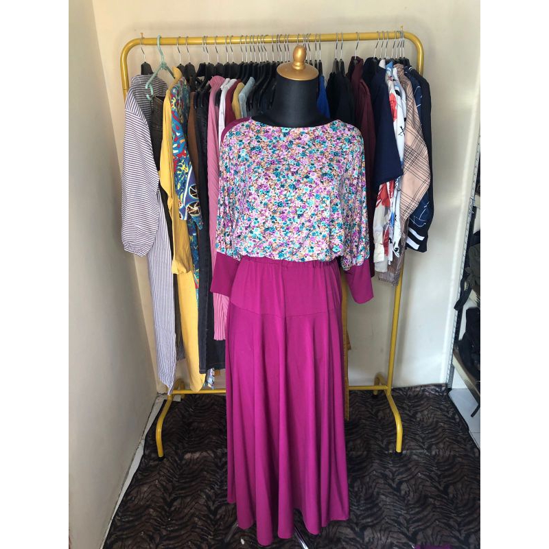 set gamis preloved warna pink fanta motif bunga