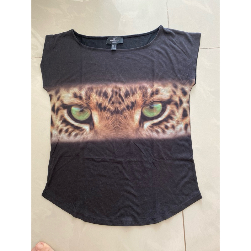 Mango jeans top kaos kaus blus blouse wanita perempuan tangan pendek motif harimau macan hitam black