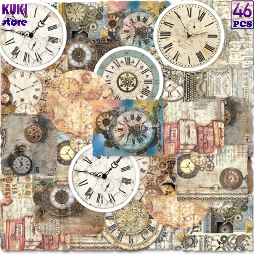 

46 Pcs Jam Antik, Jam Saku Dan Pola Lainnya, Stiker Tema Nostalgia