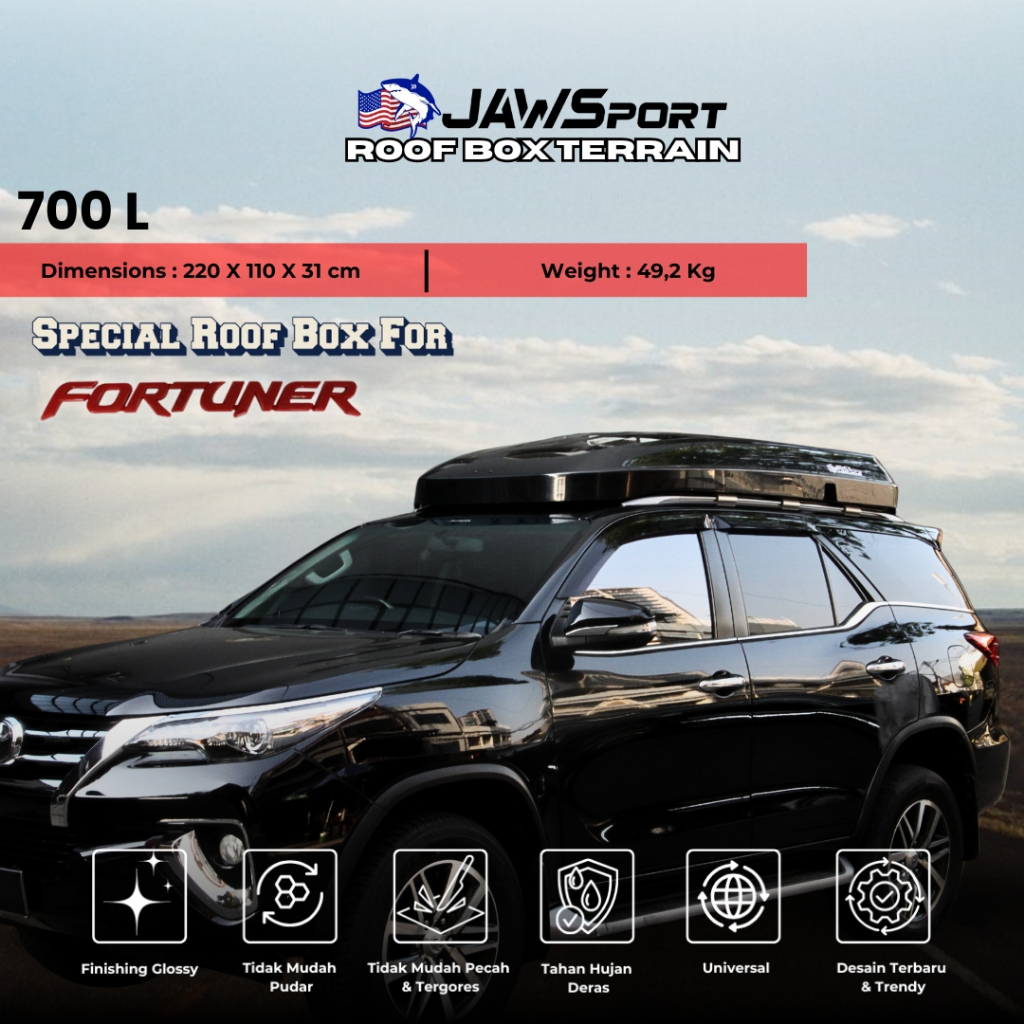 Roof Box Fortuner Jawsport TERRAIN 700L | Box Bagasi Mobil + Crossbar Slim Elegan
