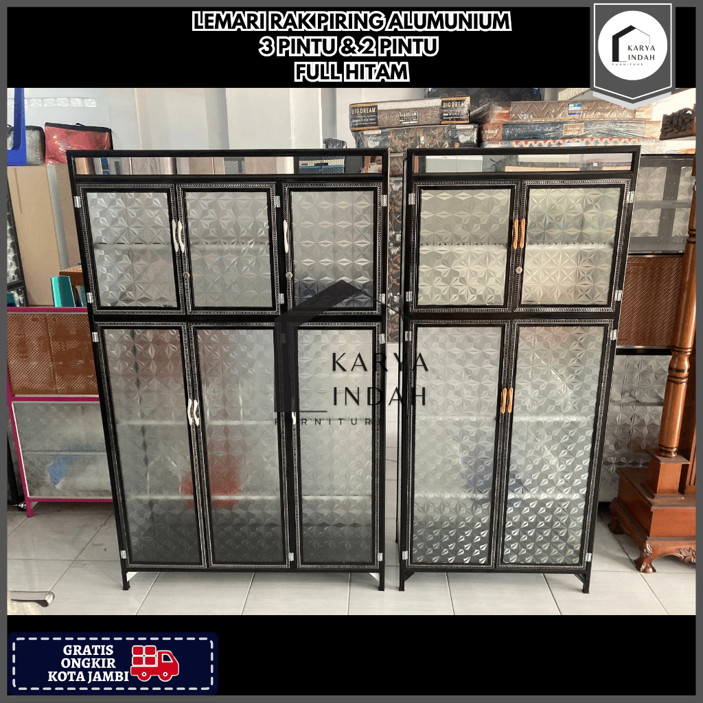 Lemari Rak Piring Dapur ALUMUNIUM 2 / 3 Pintu FULL HITAM Kaca Polos Roda Alumunium