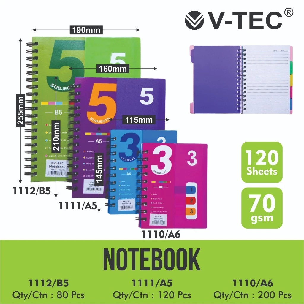 

V Tec Notebook Spiral A6 A5 B5 Bergaris 120 Sheet 70 gsm - V-Tec Notebook 1110/1111/1112