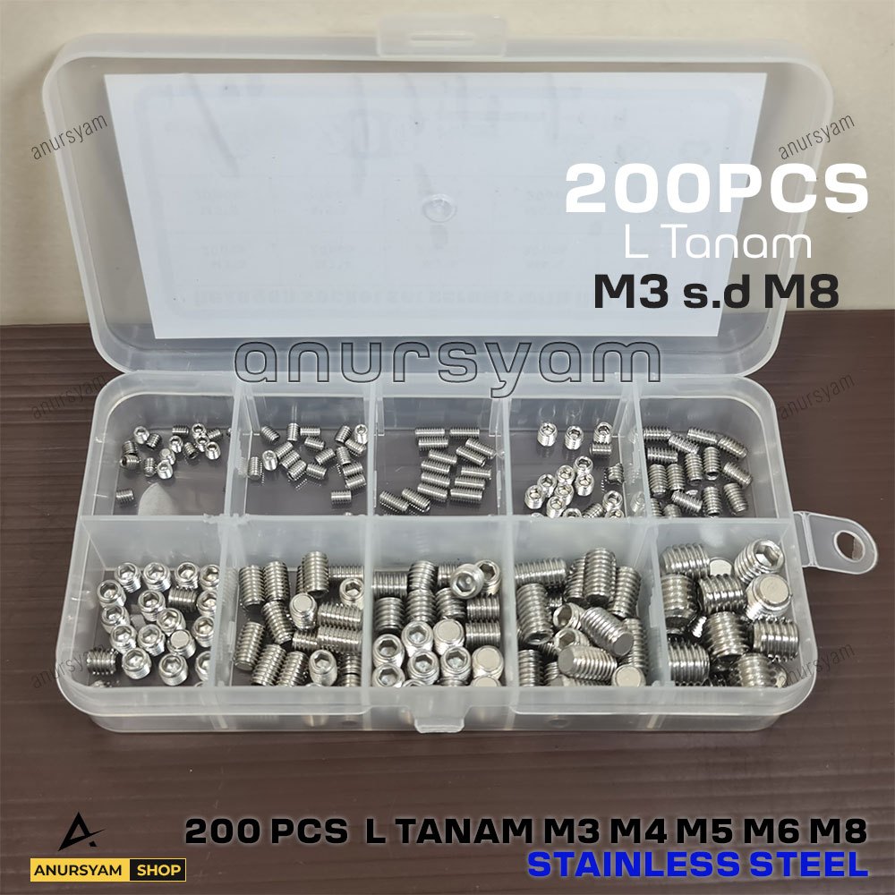 200pcs Baut L Tanam Hex M3 M4 M5 M6 M8 Stainless Steel - L Set - Baut Tanam Stainles