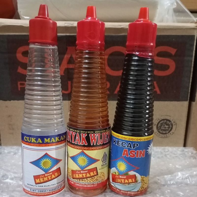 

paket 3 botol cap sinar mentari @150ML (cuka makan, minyak wijen, kecap asin)