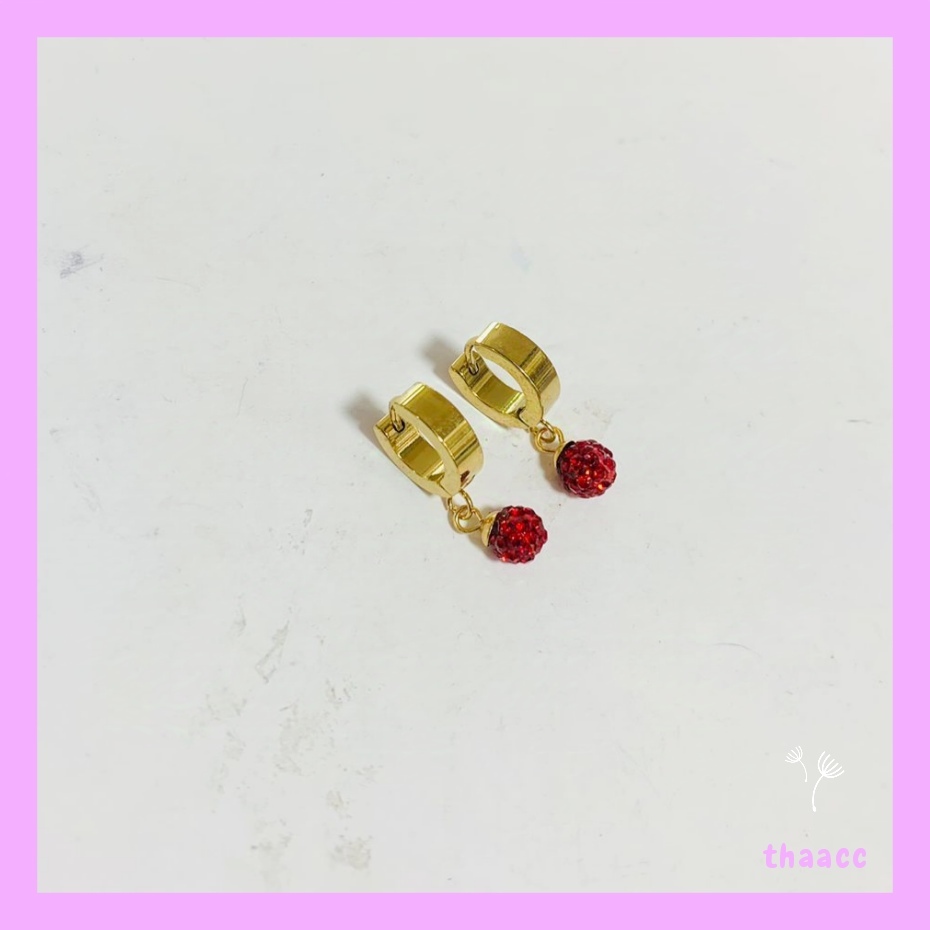 Anting jepit titanium wanita bola merah permata