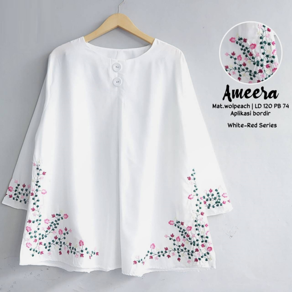 Ameera top blouse putih jumbo motif bordir baju atasan wanita oversize hitam