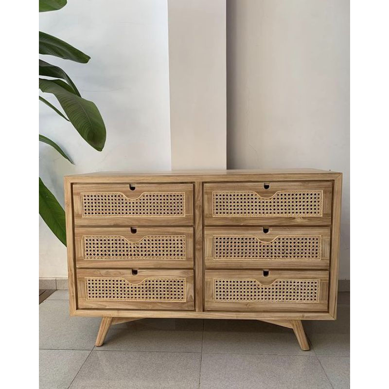 CABINET PENYIMPANAN LACI 6 KOMBINASI ROTAN | BUFET LACI 6 ROTAN | CHEST DRAWER WEBBING ROTAN