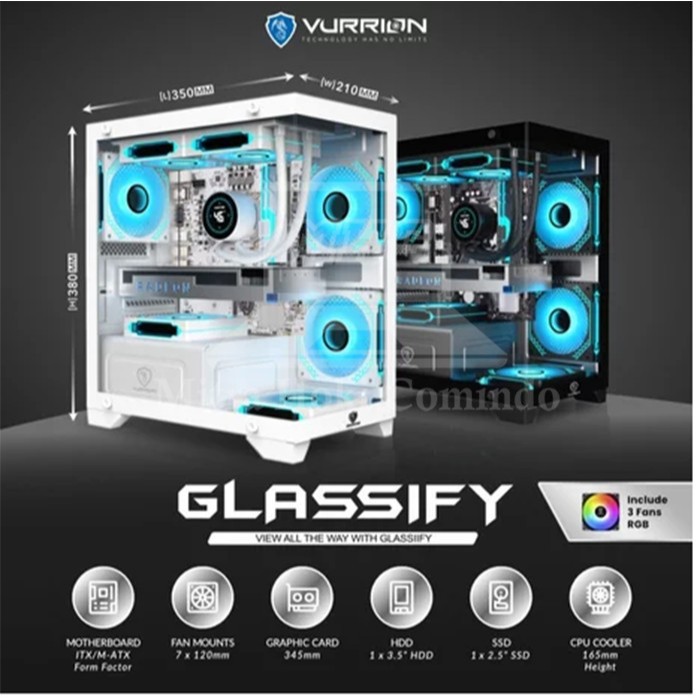 CASING PC VURRION CASING KOMPUTER GAMING VURRION GLASSIFY BLACK 3 FAN RGB PC CASE