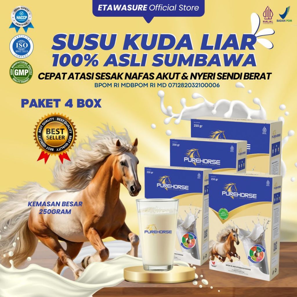 

Susu Kuda Pure Horse 100% Original dari Sumbawa Untuk Keluhan Sesak Nafas Akut dan Nyeri Sendi Berat Kemasan 250gram Paket 4 Box