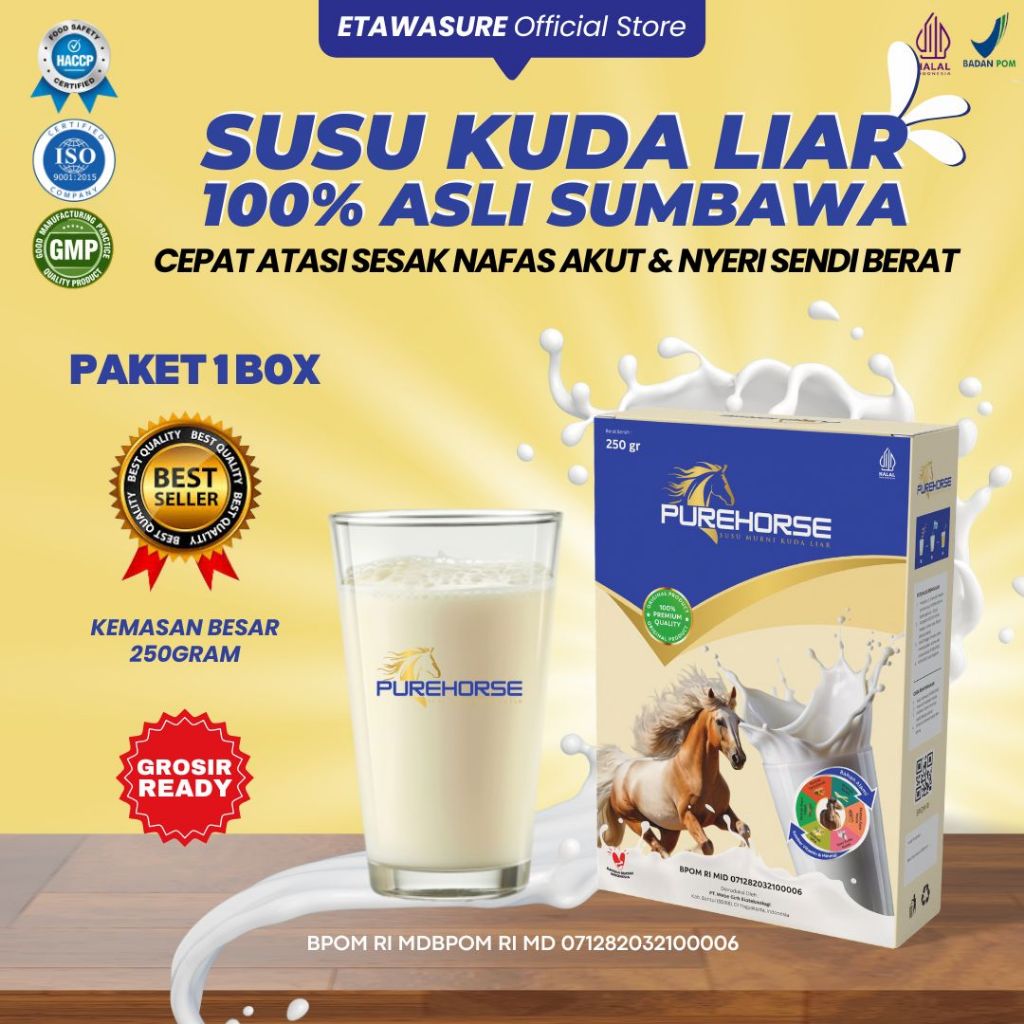 

Susu Kuda Pure Horse 100% Original dari Sumbawa Untuk Keluhan Sesak Nafas Akut dan Nyeri Sendi Berat Kemasan 250gram Paket 1 Box