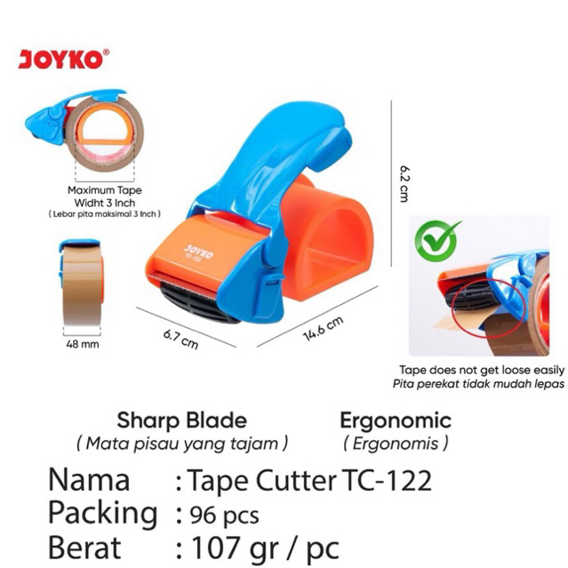 

JOYKO TC-122 Tape Cutter maksimal Lakban 3" / Tape Dispenser 2" max 3" / Pemotong Lakban 2" dan 3" TC122