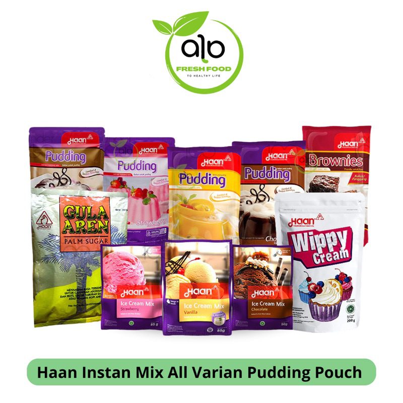 

Haan Instan Mix All Varian Pudding Pouch | Brownies | Ice Cream Mix | Wippy Cream 200g | Gula Aren | Halal BPOM - ALO Fresh Food