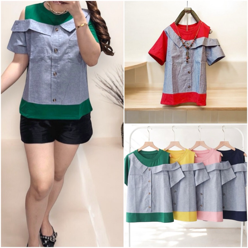 Foria 71154 top atasan kaos offshoulder wanita korea merah hijau natal